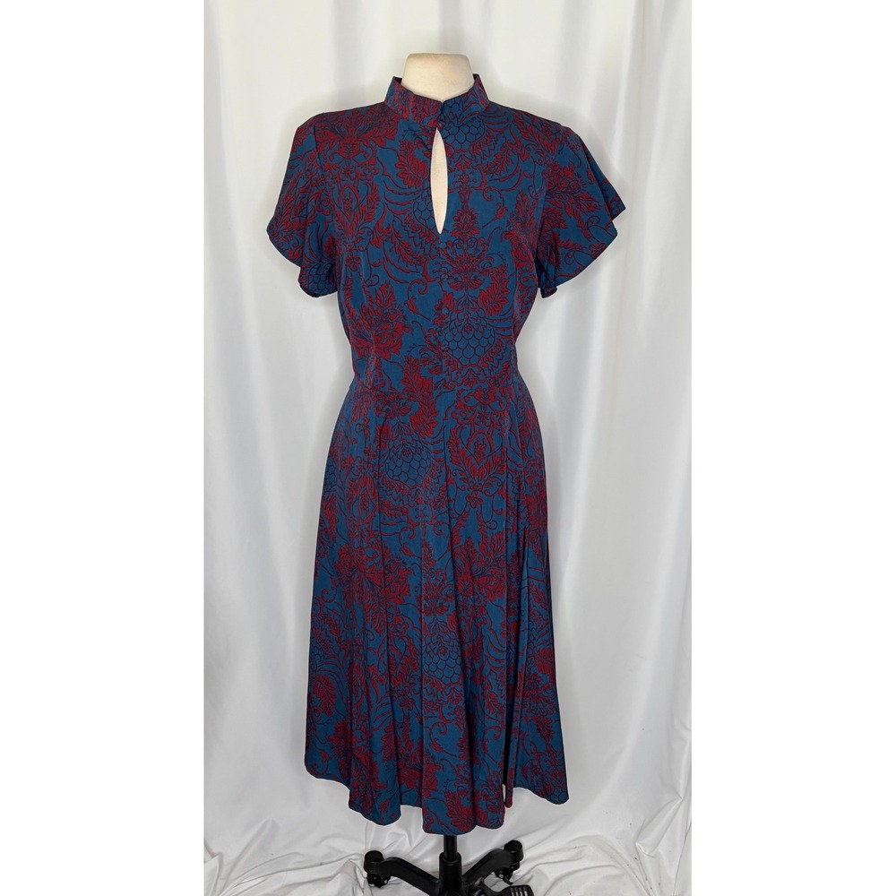 UNIQUE VINTAGE 1950s Damask Baltimore Swing Dress Blue Red Retro Pinup X-Large - Picture 3 of 13